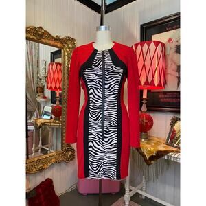 vintage 1980s body con dress red and zebra linda segal s/m zip front 90s bandage